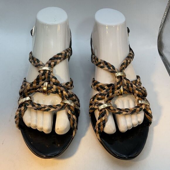 Loeffler Randal Ladies Sandals 8 Black Gold Beige Patent Leather Flats Shoes - Picture 6 of 15